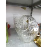 A LARGE CUT GLASS TAPERING FLOWER VASE AND A LARGE CUT GLASS DEEP BASKET PATTERN BOWL, WITH HOOP