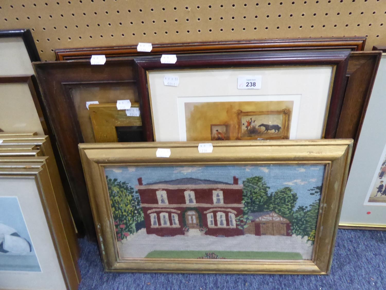 WOOLWORK TAPESTRY PICTURE – A MANSION, FRAMED;  TWO ARTIST SIGNED COLOUR PRINTS AND TWO OTHER