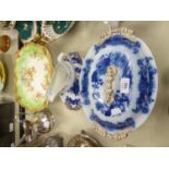 VICTORIAN POTTERY FLOW BLUE DECORATED OVAL TUREEN AND COVER AND AN OVAL STAND STAINED TO MATCH; A