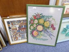 THREE FRAMED AND GLAZED PICTORIAL NEEDLEWORK PANELS (3)