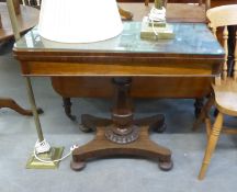 AN EARLY VICTORIAN ROSEWOOD SWIVELING TOP FOLD-OVER TEA TABLE