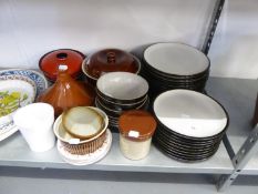 A SELECTION OF DENBY 'EVERYDAY' DINNER WARES, VARIOUS POTS AND COVERS, AND A LARGE SPODE MEAT PLATE,