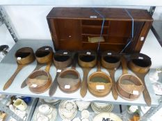 SET OF TEN CIRCA 1920's LIGHT OAK PADDLE SHAPE COLLECTION BOXES,  CIRCULAR PARTLY ENCLOSED END AND