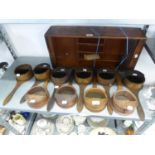 SET OF TEN CIRCA 1920's LIGHT OAK PADDLE SHAPE COLLECTION BOXES,  CIRCULAR PARTLY ENCLOSED END AND