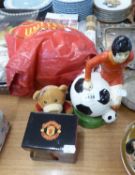 MANCHESTER UNITED MEMORABILIA TO INCLUDE; CERAMIC SPIRIT DECANTER AS A FOOTBALLER AND MUGS, TOYS