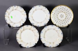 SET OF FOUR BLOOR DERBY SERPENTINE STARTER PLATES, with blue enameled acanthus moulded rim picked