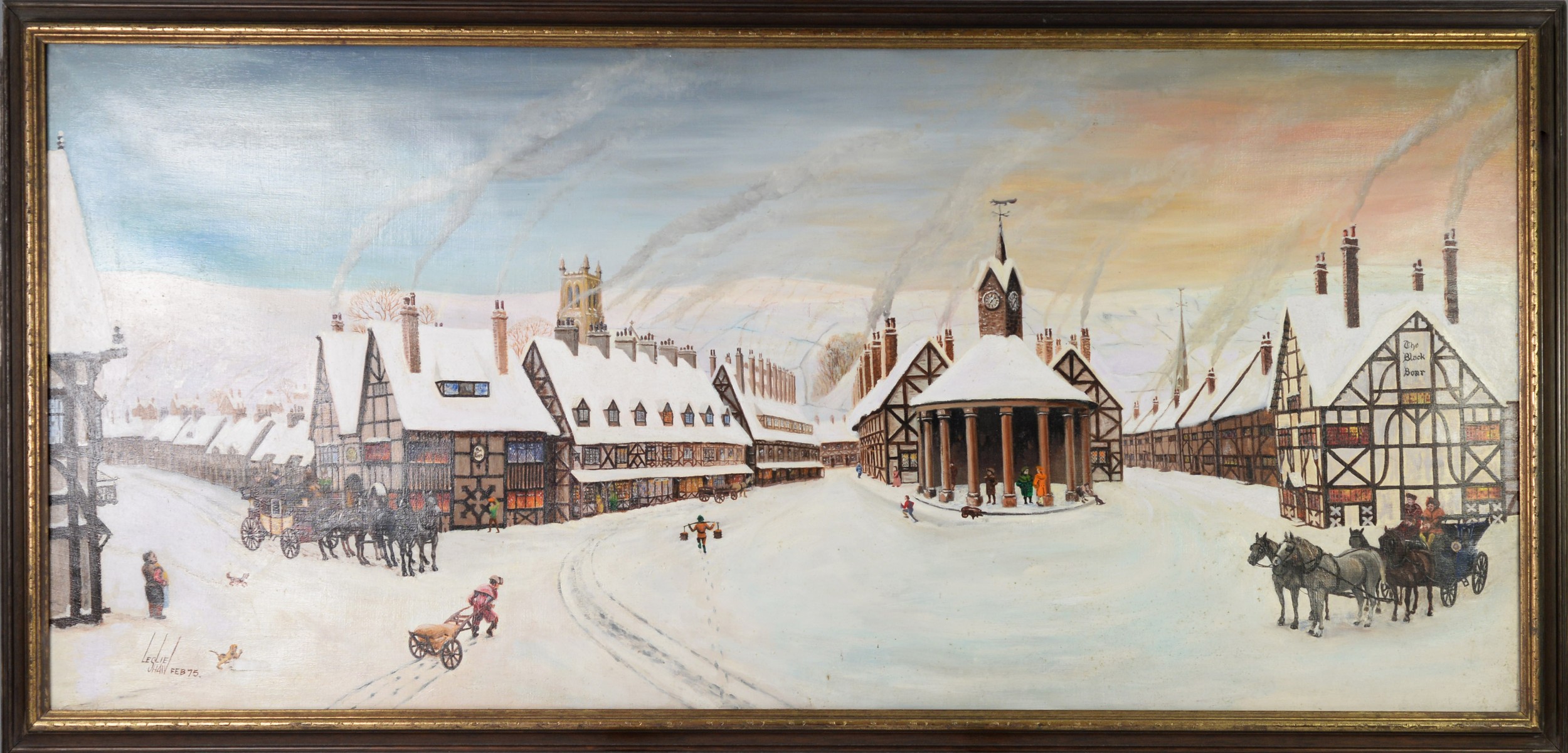 LESLIE SHAW (TWENTIETH CENTURY) OIL ON CANVAS Bygone winter village scene with horse drawn coaches - Image 2 of 2