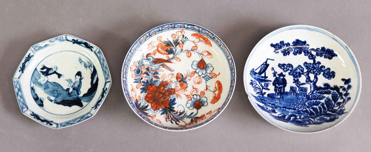 THREE 18TH CENTURY LIVERPOOL SOFT PASTE PORCELAIN SAUCERS c.1765, the octagonal example in the '