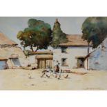 BERNARD McDONALD (b. 1944) WATERCOLOUR DRAWING Devon Farmhouse with figures and poultry Signed lower