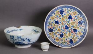 18TH CENTURY ENGLISH DELFT BOWL AF, small tin glazed pot or egg cup, and tin glazed tray; the tray