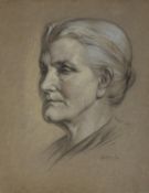 EDWARD RIDLEY (1883 - 1946) PENCIL DRAWING HEIGHTENED IN WHITE ON GREY BOARD Elderly woman, facing