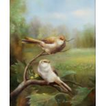 J ARMANI (Modern) OIL PAINTING ON BOARD Two birds perched on a branch Signed lower right, labelled