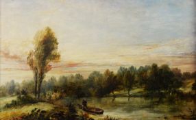 GEORGE HICKIN (fl.1858-1877) OIL PAINTING ON CANVAS River landscape with a figure in a punt Signed &