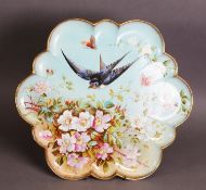 VICTORIAN HAND PAINTED POTTERY TRAY, of circular, lobated form, painted in colours and gilt with a