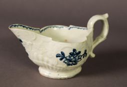 18TH CENTURY PORCELAIN MOULDED MILK JUG, possibly Swansea or Worcester/Caughley, with underglaze