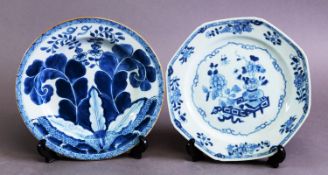 19TH CENTURY CHINESE EXPORT PORCELAIN OCTAGONAL PLATE, in the transitional style, and ANOTHER, (2)