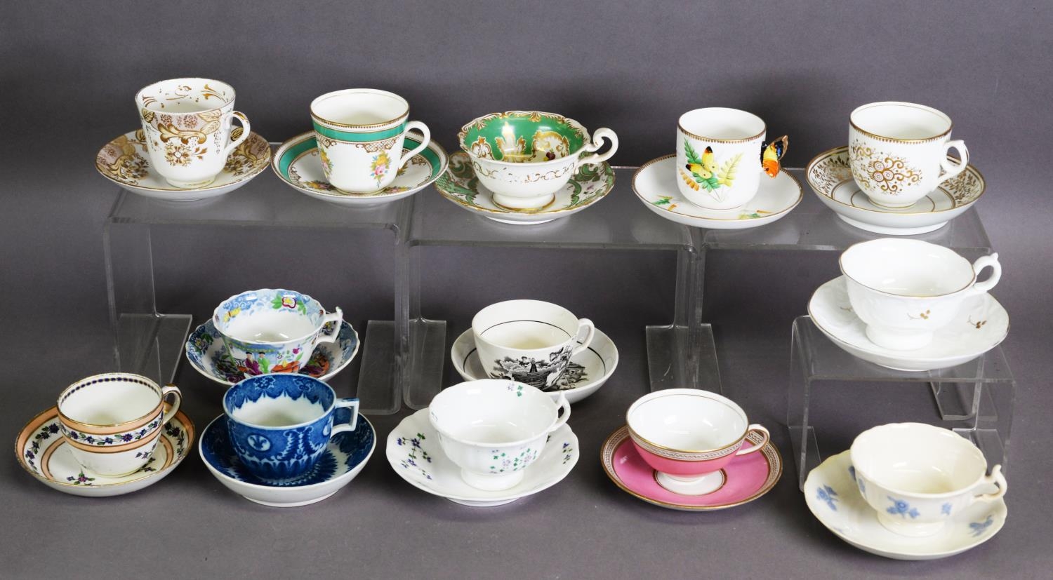 TWENTY THREE NINETEENTH CENTURY CHINA CABINET TEA CUPS AND SAUCERS including a STAFFORDSHIRE