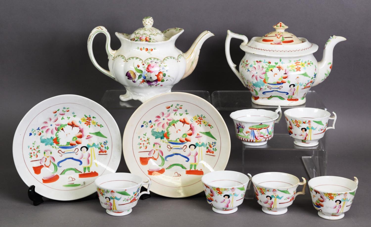 EIGHT PIECE NINETEENTH CENTURY HILDITCH & SONS PORCELAIN PART TEA SERVICE, printed and painted in