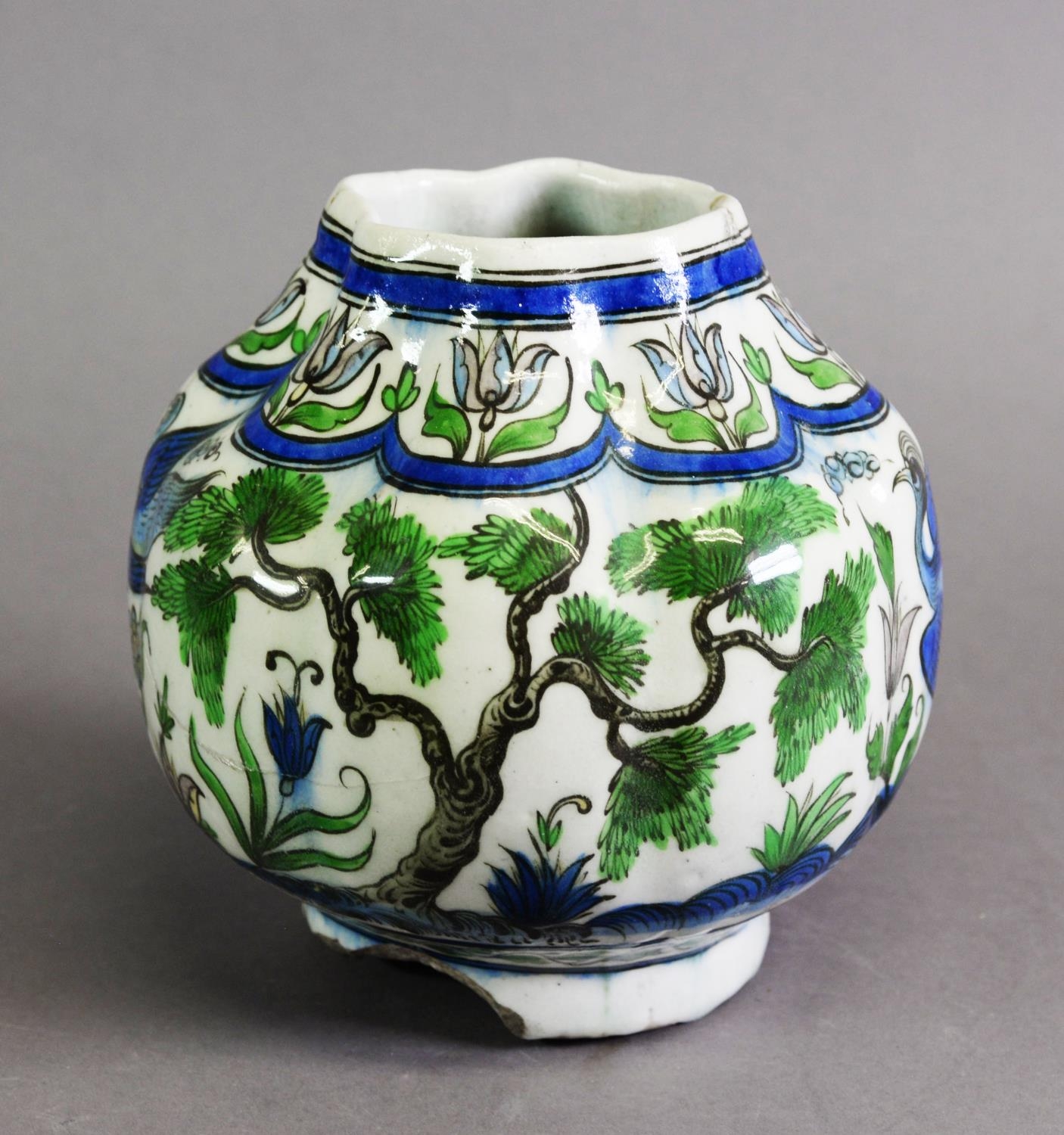 19TH CENTURY PERSIAN SAFAVID FRITWARE MELON-SHAPED VASE, with muted palette polychrome bird