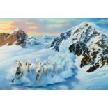 JIM WARREN ARTIST SIGNED LIMITED EDITION COLOUR PRINT Mountainous snow scene with galloping white