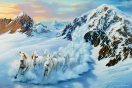 JIM WARREN ARTIST SIGNED LIMITED EDITION COLOUR PRINT Mountainous snow scene with galloping white