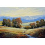 INITIALLED MJT THREE MODERN OILS ON BOARD Landscapes with trees 5” x 7” (12.7cm x 17.8cm), (3),