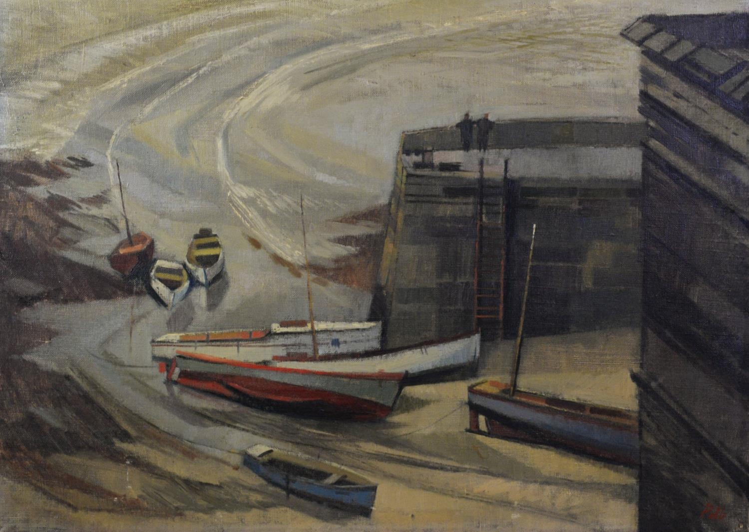 ROBERT PELL (b.1928) OIL ON CANVAS Harbour scene with moored boats Signed 18” x 24” (45.7cm x 61cm),