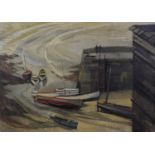 ROBERT PELL (b.1928) OIL ON CANVAS Harbour scene with moored boats Signed 18” x 24” (45.7cm x 61cm),
