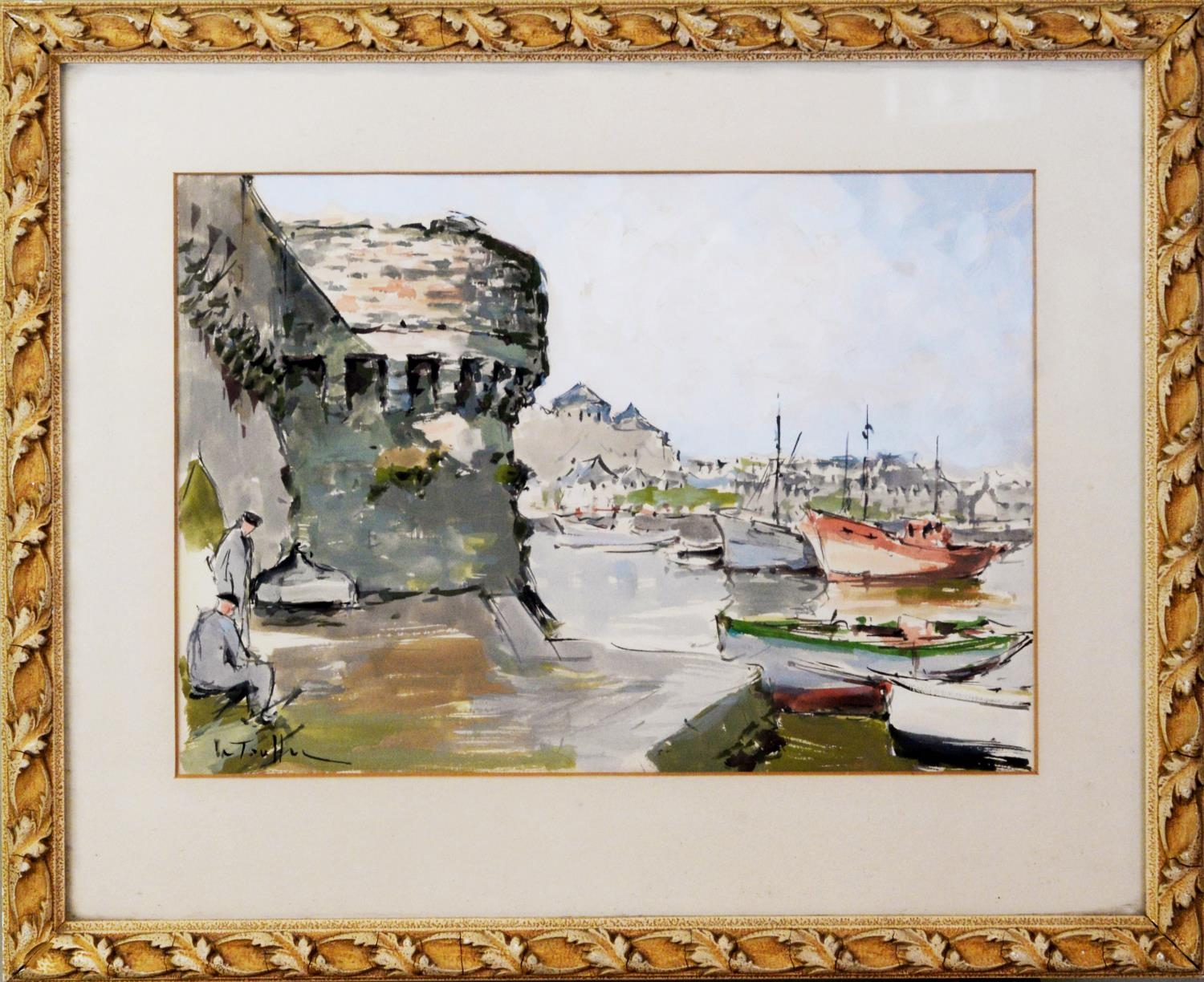UNATTRIBUTED (EARLY TWENTIETH CENTURY FRENCH SCHOOL) WATERCOLOUR Harbour scene with castellated wall - Image 2 of 2