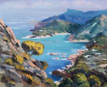 PERE MANERA (TWENTIETH/ TWENTY FIRST CENTURY) OIL ON CANVAS Arial coastal view with sandy coves