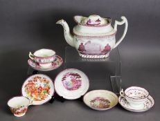 NINE PIECES OF NINETEENTH CENTURY SUNDERLAND LUSTRE TEA WARES, comprising: ROUNDED OBLONG TEAPOT AND