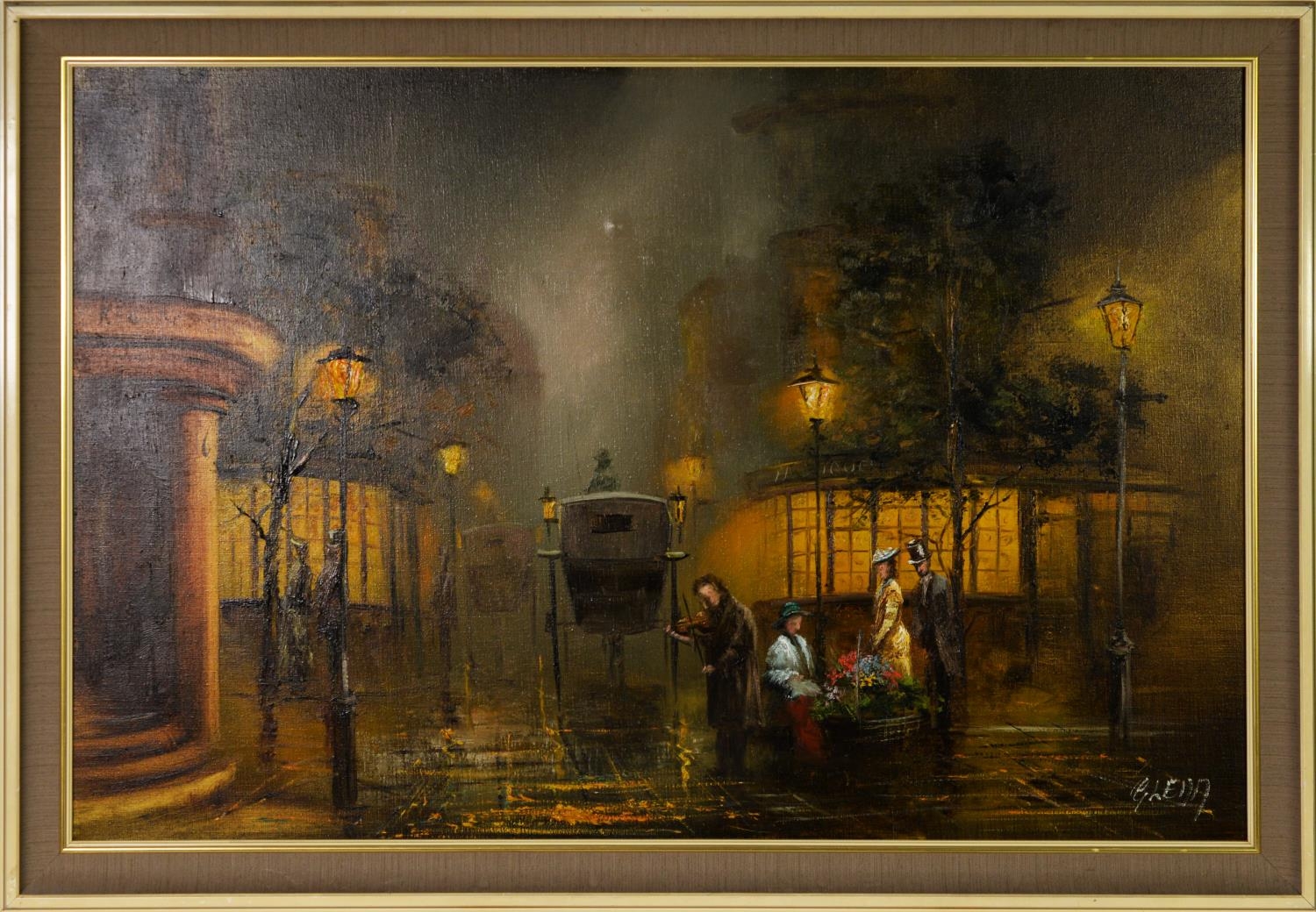 GLENN (Twentieth Century) OIL PAINTING ON CANVAS Street scene at dusk Signed lower right 20" x - Image 2 of 2