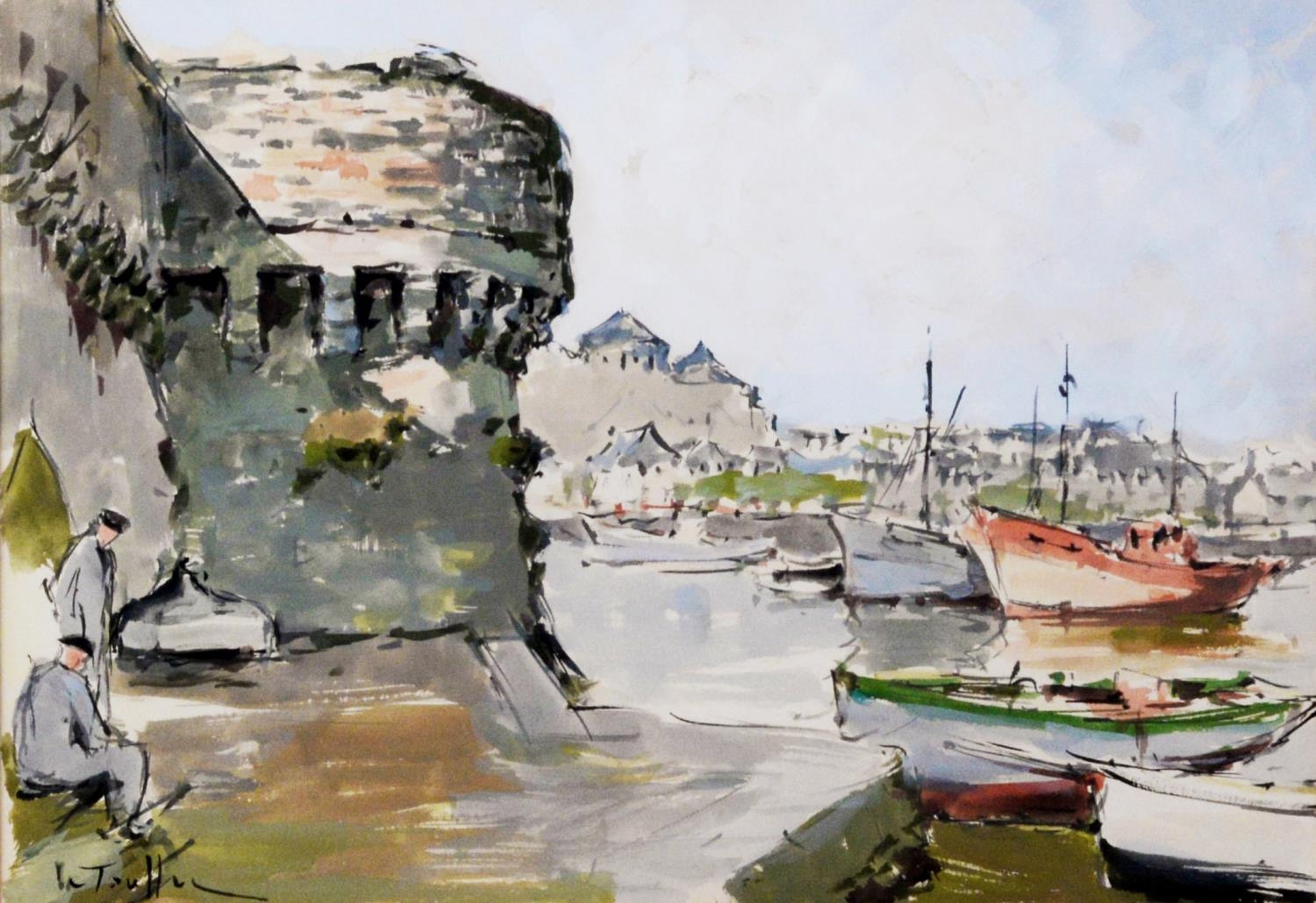 UNATTRIBUTED (EARLY TWENTIETH CENTURY FRENCH SCHOOL) WATERCOLOUR Harbour scene with castellated wall