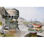 UNATTRIBUTED (EARLY TWENTIETH CENTURY FRENCH SCHOOL) WATERCOLOUR Harbour scene with castellated wall