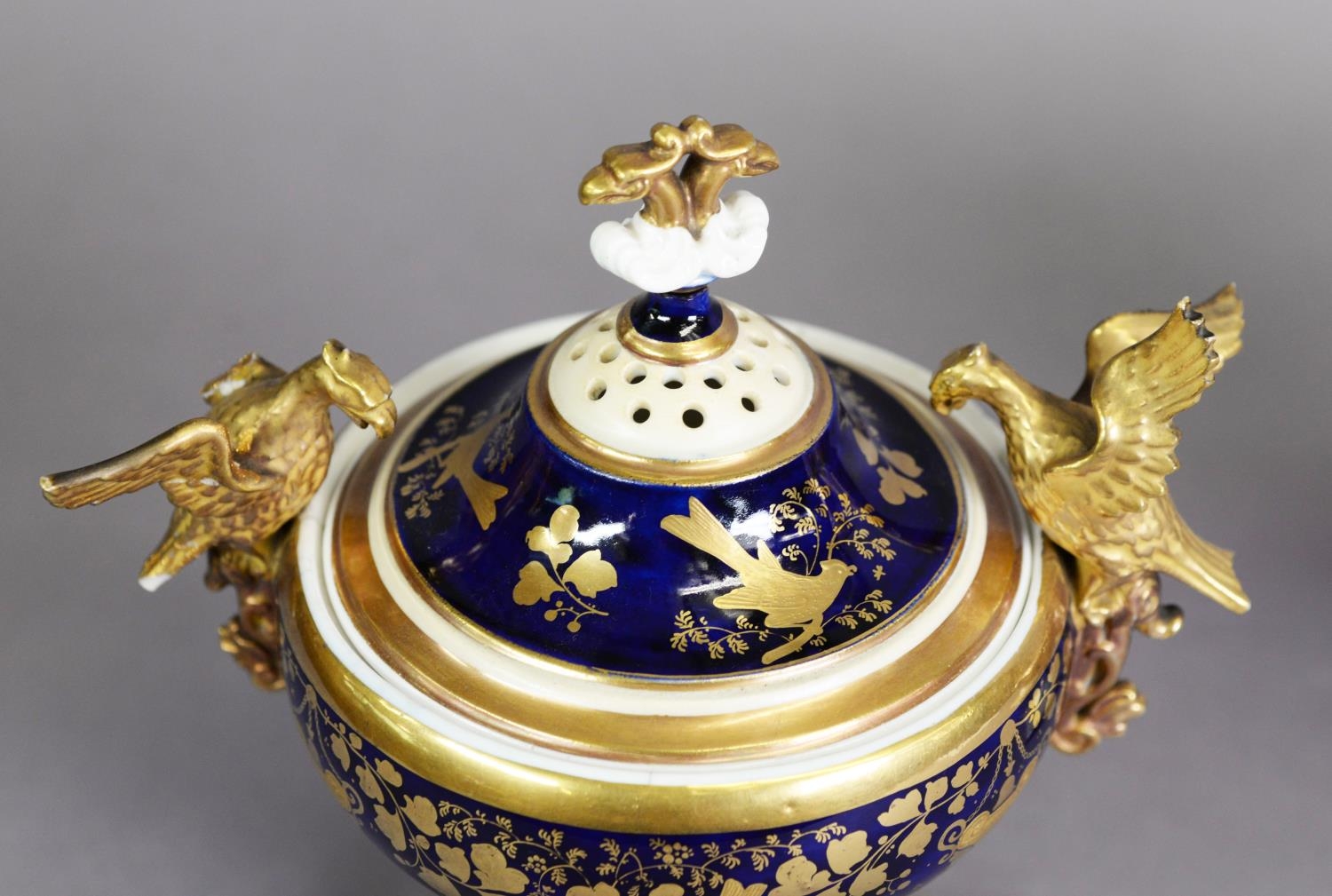 THREE PIECE LATE NINETEENTH/ EARLY TWENTIETH CENTURY PORCELAIN GARNITURE OF TWO HANDLED PEDESTAL POT - Image 3 of 3