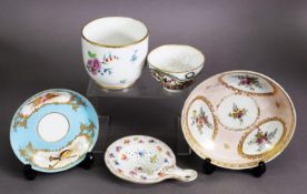 A SMALL GROUP OF MIXED CONTINENTAL PORCELAIN, to include an 18th century dot period polychrome tea