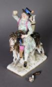 19TH CENTURY MEISSEN FIGURE GROUP OF A GENTLEMAN IN TAILCOAT RIDING A BILLY GOAT, a barrel on his