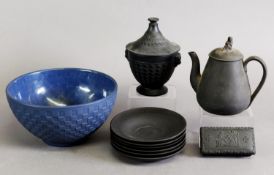 A COLLECTION OF WEDGWOOD POTTERY, mainly black basalt wares inc. match pot, bowl and cover, tea