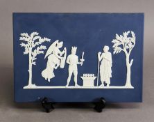 WEDGWOOD DARK BLUE JASPERWARE PLAQUE, decorated with biblical figural scene, together with a