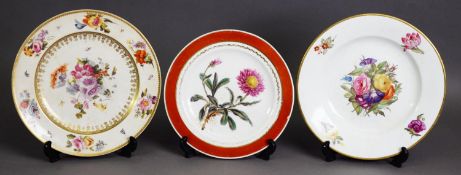 THREE EARLY 19TH CENTURY DERBY CABINET PLATES, including a botanical example for the Alpine Astor, a