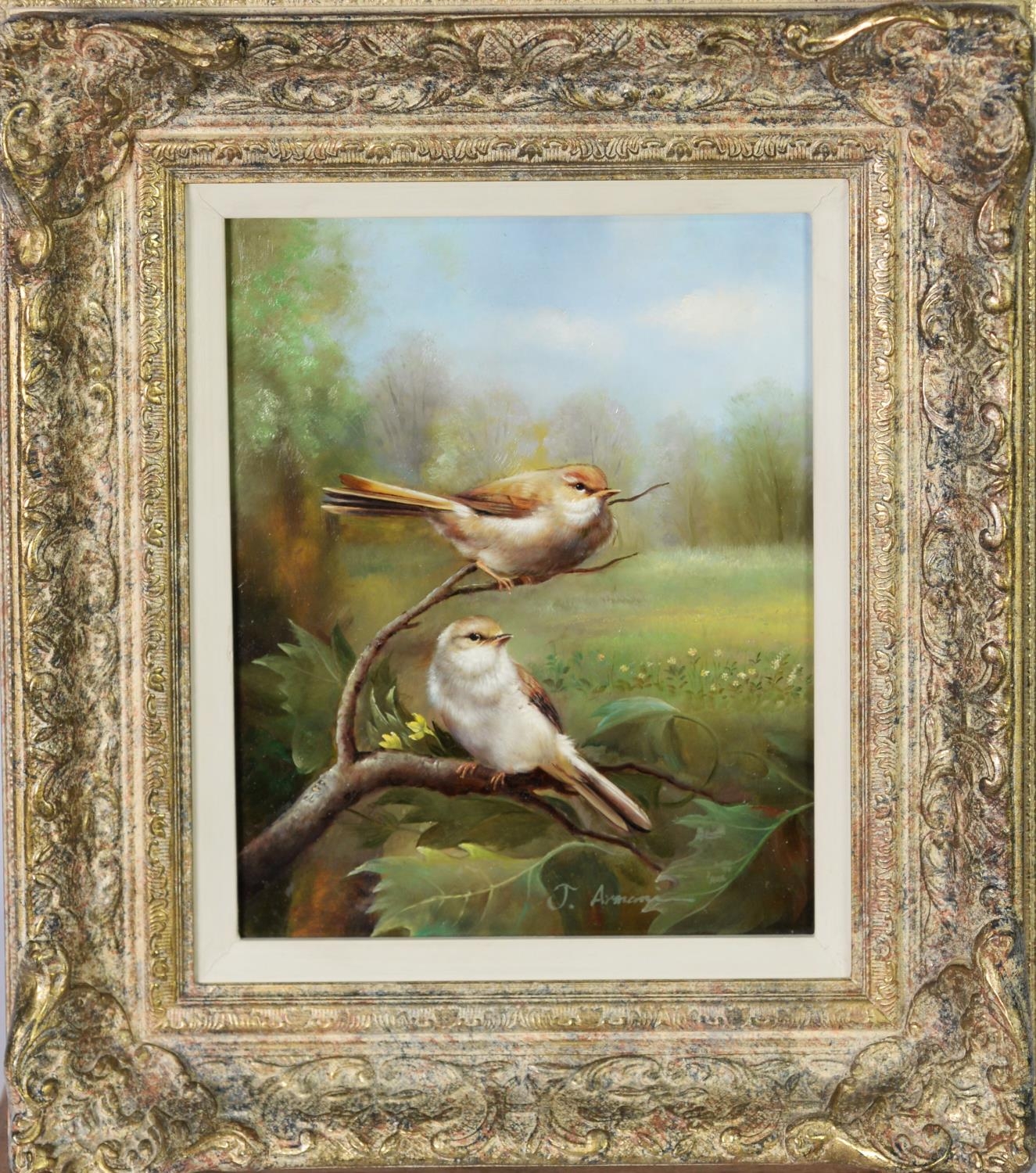 J ARMANI (Modern) OIL PAINTING ON BOARD Two birds perched on a branch Signed lower right, labelled - Image 2 of 3