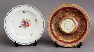 19TH CENTURY VIENNA PORCELAIN TUREEN STAND, with raised gilding to a maroon ground, edged in pink,