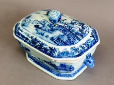 QING DYNASTY CHINESE PORCELAIN BLUE AND WHITE VEGATABLE TUREEN, with rabbit mask handles, the