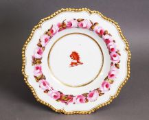 FLIGHT BARR & BARR SERPENTINE ARMOURIAL SOUP PLATE, with gilt gadrooned edge and wreath of pink