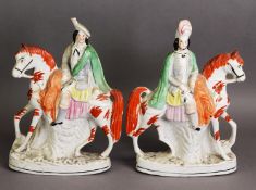 PAIR OF NINETEENTH CENTURY STAFFORDSHIRE FLAT BACK HIGHLAND EQUESTRIAN POTTERY FIGURES, heightened