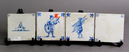 18TH CENTURY SINGLE DELFT TILE, plus three later examples, 4 7/8" (12.2 cm) dia.