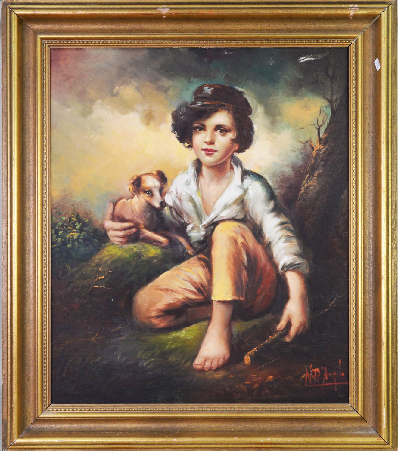 N A ARPILO? (TWENTIETH/ TWENTY FIRST CENTURY) OIL ON CANVAS Young boy seated with puppy Signed 29 ¼” - Image 2 of 2