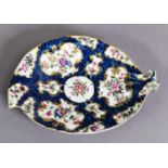 18TH CENTURY WORCESTER DR WALL PERIOD LEAF DISH, the blue scale ground with polychrome floral