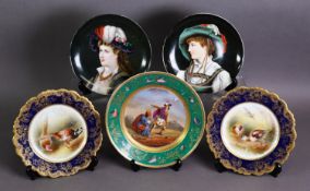 THREE HAND PAINTED NINETEENTH CENTURY AND LATER CABINET PLATES, comprising: ONE PAINTED WITH A