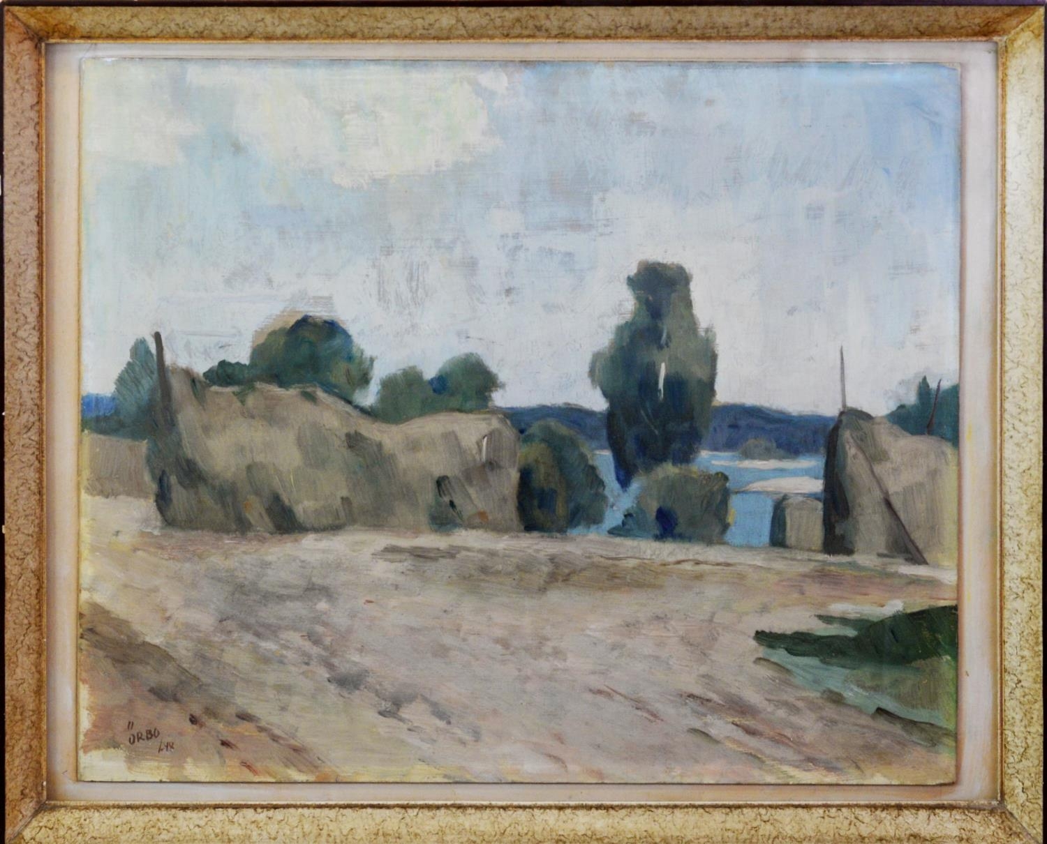 KARL ORBO (1890-1920) OIL ON BOARD Rural scene with the sea in the distance Signed, indistinctly - Image 2 of 2